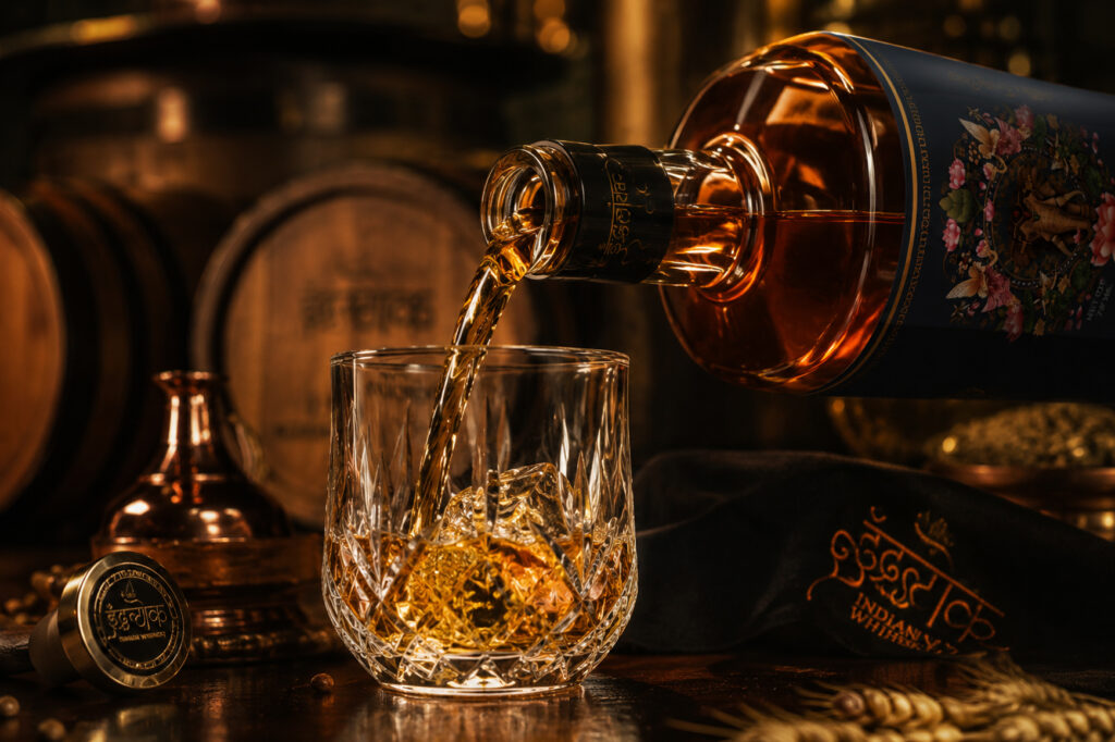 Premium Indian Whisky Indralok displayed on a wooden table