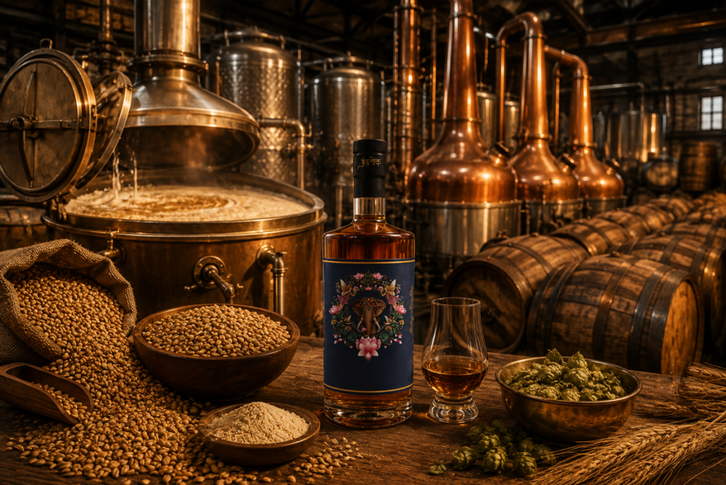 Traditional whisky production process from malting and fermentation to distillation and barrel aging