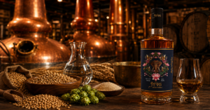 Whisky-making process showing grains being mashed, fermented, distilled, and aged in oak barrels